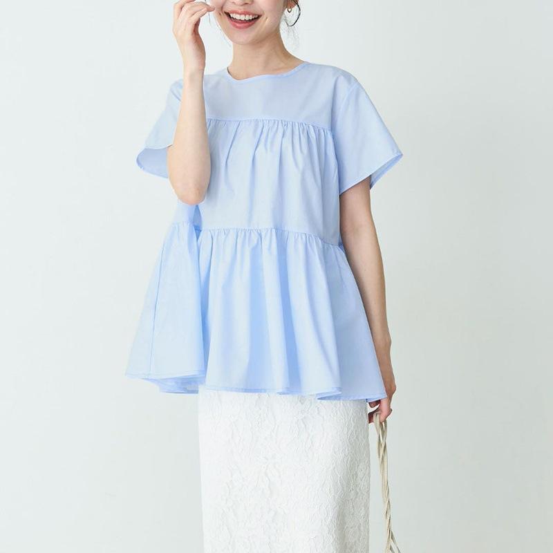 シャツ レディース 半袖 ラウンドネック コットン100% ゆったり ギャザー ブラウス 白 黒 ピンク 青 モノクロ チェック柄 ドロップショルダー トップス 通勤