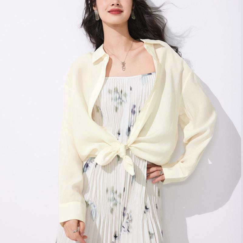 シャツ レディース 天丝 接触冷感 長袖 開襟 ミドル丈 ブラウス トップス ゆったり オフィスカジュアル 通勤 きれいめ 無地 春夏