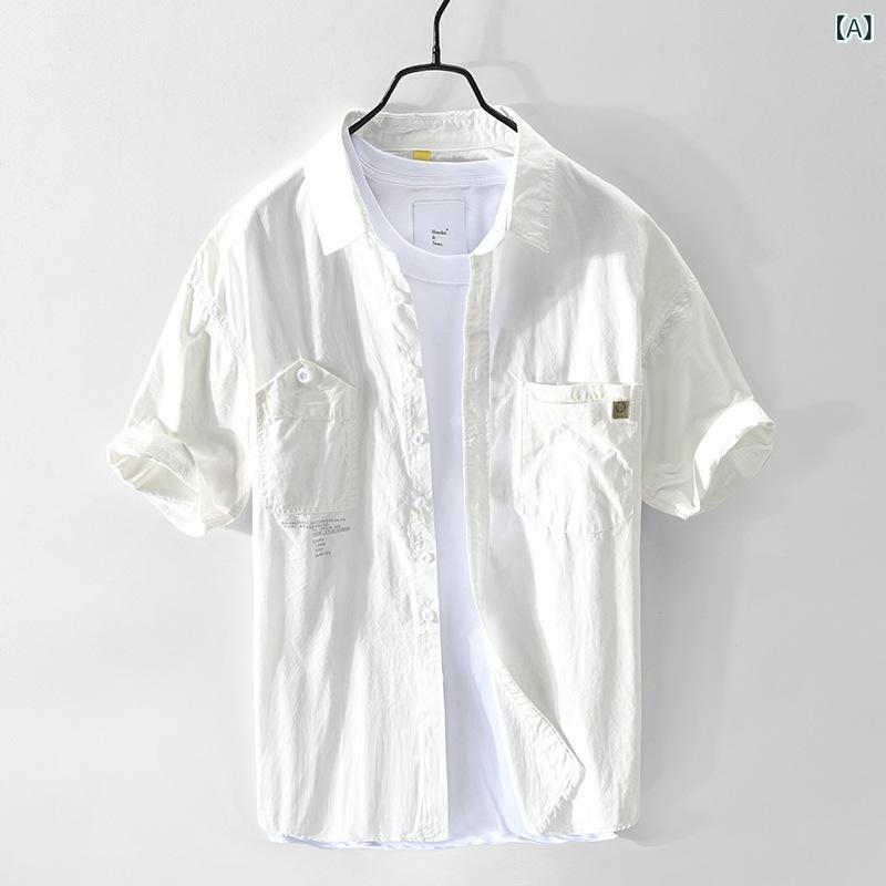 シャツ メンズ 男性用 半袖 コットン 春夏 ポケット付き カジュアル トップス オリーブドラブ ホワイト..