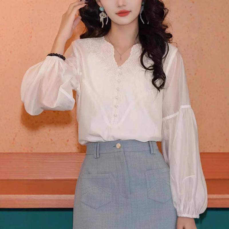 シャツ レディース 長袖 Vネック ゆったり ポリエステル レトロ 開襟 襟付き トップス ブラウス パール..