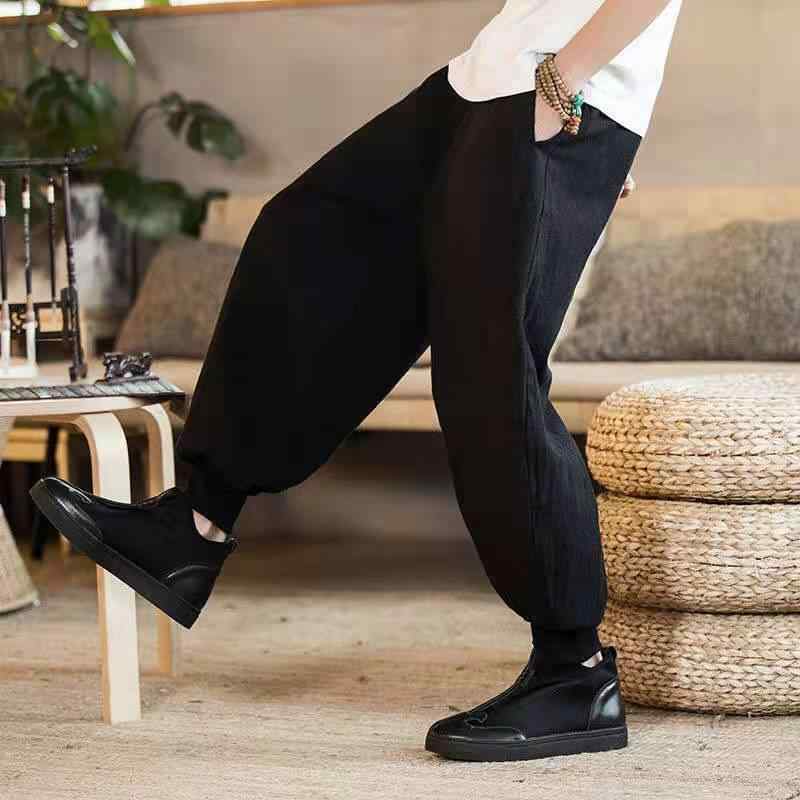 乐天商城 - パンツ 男性用 綿麻 リラックス ワイド テーパードパンツ サルエルパンツ ドローストリング 薄手 黒 紺色 春秋冬