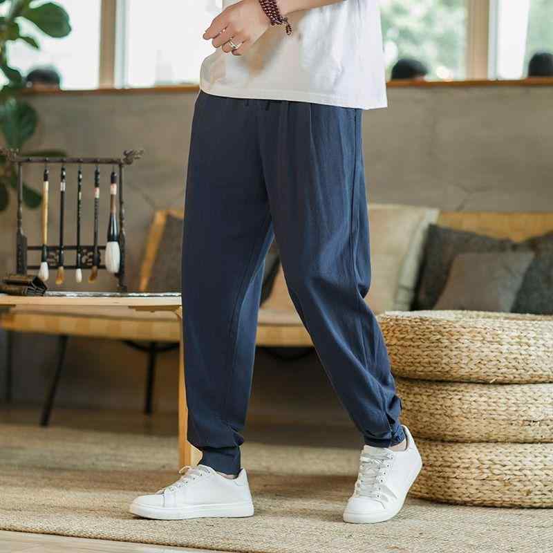 Cropped Pants - パンツ 男性用 綿麻 リラックスパンツ 僧侶 居士 禅修 ヨガ サルエルパンツ 春夏秋冬 高身長 大きいサイズ ゆったり 薄手 部屋着 カフェ色 グレー ブラック 紺色