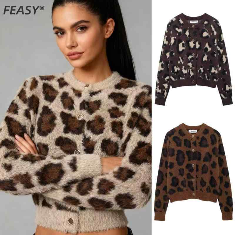 Long-Sleeved Knit - ニット レディース 婦人服 カーディガン 豹柄 ヒョウ柄 トップス プルオーバー ポリエステル 長袖 ラウンドネック 3D ショート丈 普段使い 街頭 秋冬