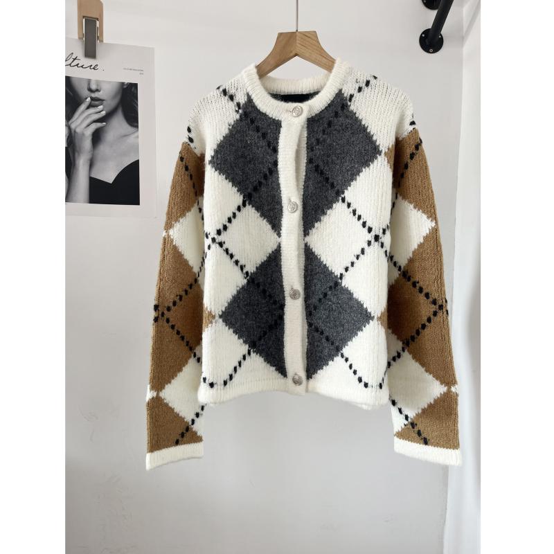 ニット カーディガン レディース 秋冬 ショート丈 トップス 長袖 菱形 学院風 ラウンドネック ウール ブレンド 切り替え ミルクホワイト XS S M L