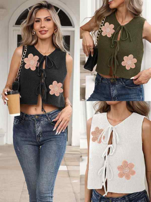 カーディガン レディース ノースリーブ Vネック 刺繍 花柄 ニット トップス 接触冷感 薄手 ショート丈 へそ出し セクシー チョーカー風 普段使い 部屋着 白 黒 緑