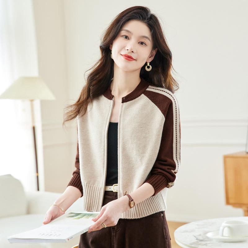 No Sleeve Knit - カーディガン レディース ウール ニット アウター 配色 ラウンドネック 長袖 ジップアップ ゆったり ミドル丈 酒 красный 米 ベージュ キャメル グレー M L XL 2XL 3XL 4XL 秋冬 通勤 きれいめ