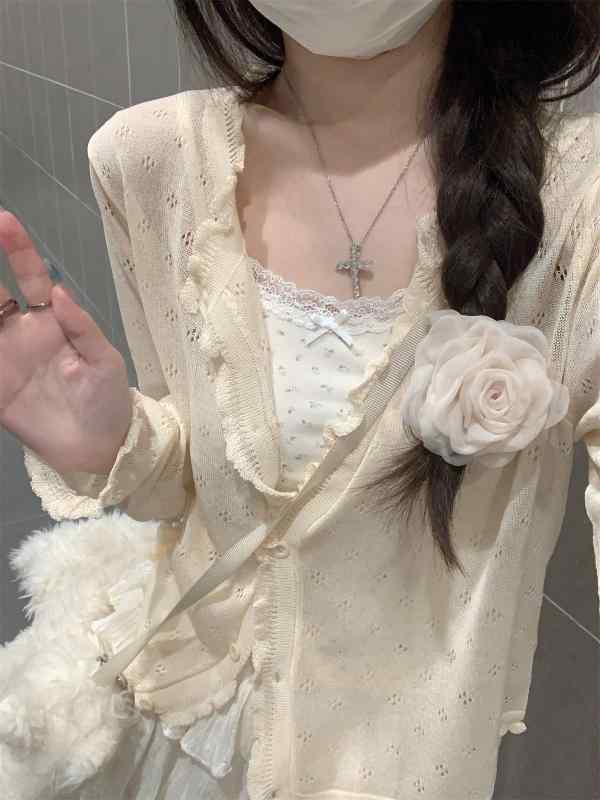 乐天商城 - カーディガン レディース 薄手 ニット 韓国風 杏色 白 ピンク 黒 春夏 長袖 ショート丈 ラウンドネック 冷房対策 清涼感