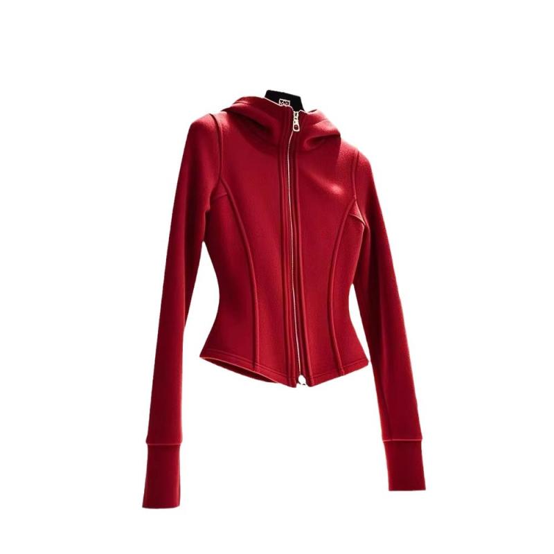パーカー レディース 赤色 アウター 秋冬 フード付き ジップアップ トップス ジャンパー ブルゾン 長袖 ポリエステル 普段使い 通勤 通学(4)