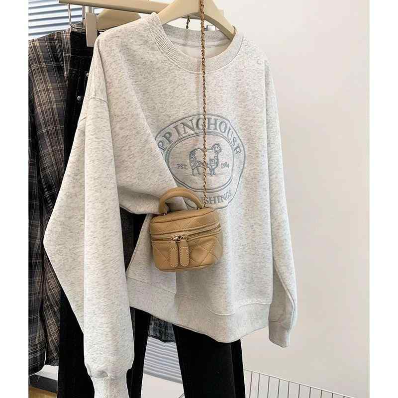 スウェット レディース 春秋 裏起毛 小柄 長袖 プルオーバー トップス ゆったり 花灰色 普段使い 通勤着 かわいい 字母 数字 プリント 綿