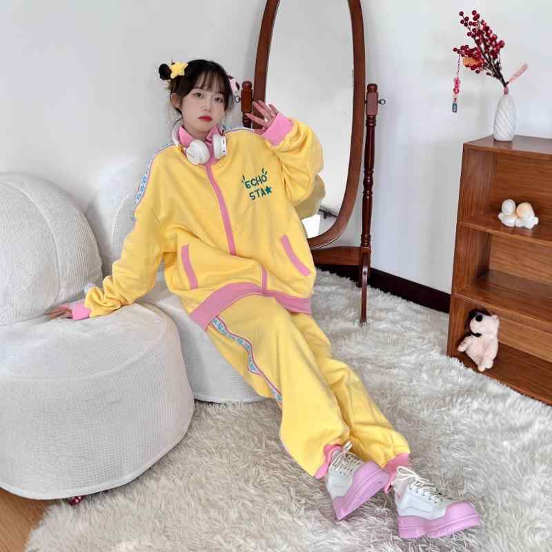 セットアップ レディース かわいい 学院風 カジュアル スポーツウェア パーカー 上下セット ポリエステル イエロー 春秋冬