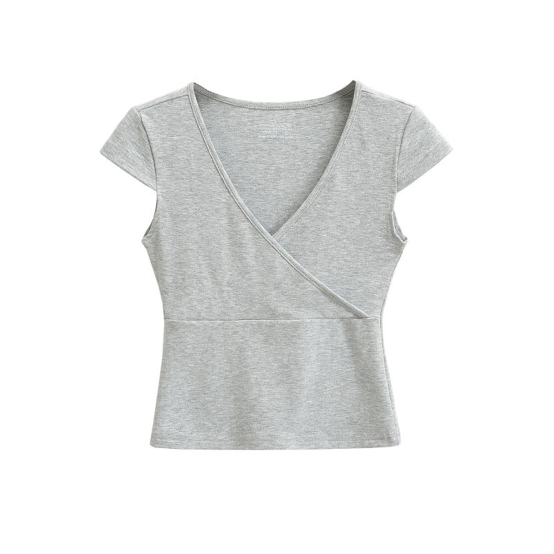 Tシャツ レディース Vネック 半袖 トップス カットソー スリム 混紡 ポリエステル 無地 ブラック ホワイト グレー ストリート