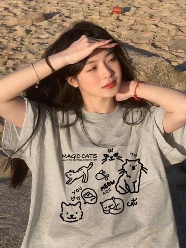 Tシャツ レディース 大きいサイズ グレー 体系カバー 半袖 アニメ かわいい プリント ラウンドネック トップス カットソー ゆったり 普段使い コットン
