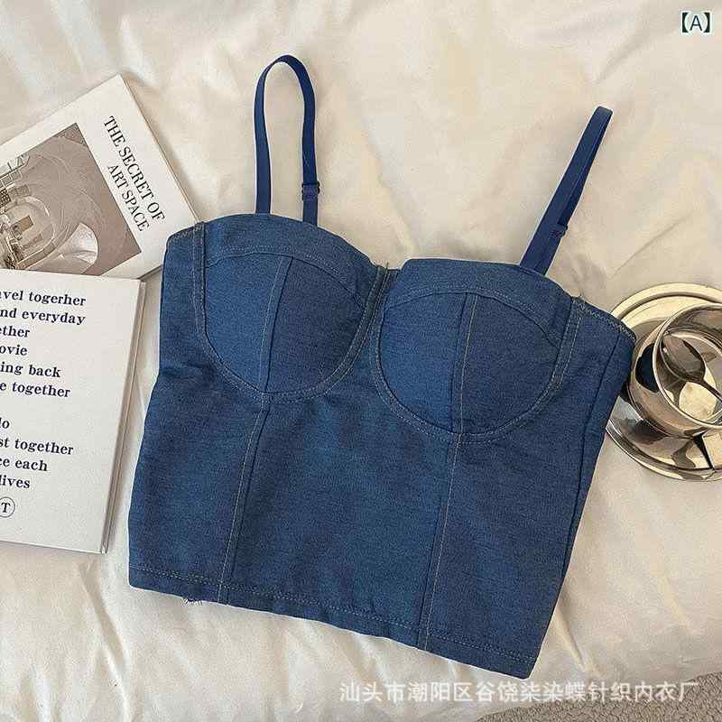 タンクトップ レディース デニム レース 切り替え ダメージ加工 ショート丈 トップス チューブトップ インナー 黒 ブラック 紺 ネイビー 春夏 秋冬