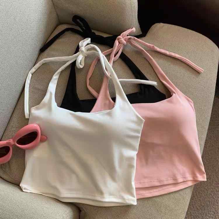 Other - タンクトップ レディース セクシー へそ出し ショート丈 トップス インナー 接触冷感 無地 黒 白 ピンク系 カーキ色 ノースリーブ カットソー サマーニット 部屋着 普段使い