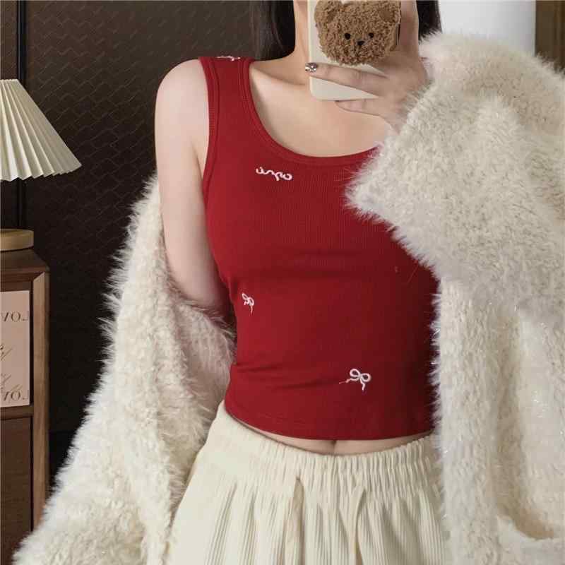 Camisoles - タンクトップ レディース 秋冬 磨毛 薄绒 蝶結び 刺繍 胸パッド付き スリム ショート丈 トップス 韓国風 赤 白 黒 グレー