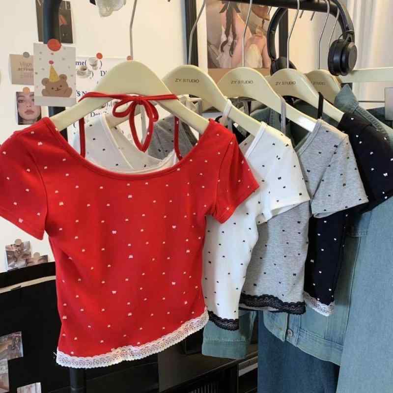 キャミソール レディース 接触冷感 ショート丈 トップス へそ出し 重ね着風 チョーカー風 蝶結び レー..