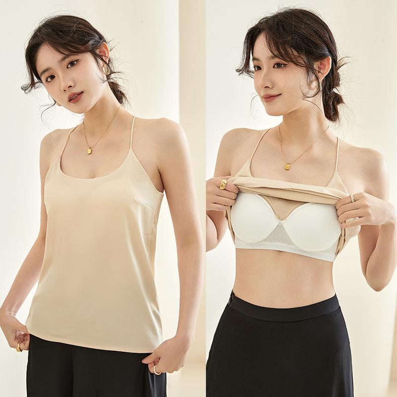 Camisoles - キャミソール レディース 接触冷感 カップ付き ポリエステル インナー 薄手 夏 春 秋 白 黒 シャンパン 普段使い