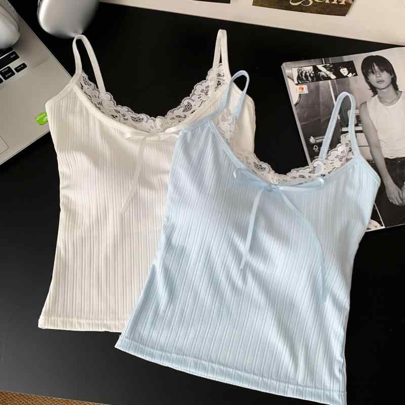 キャミソール レディース 蝶結び レース Vネック インナー トップス 綿 厚手 ブルー ホワイト ブラック