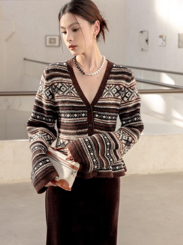 ニット レディース 秋冬 Vネック カーディガン ウール カシミヤ トップス ニットソー セーター 前開き 伸縮性 あったか 暖かい 冷え対策 通勤 オフィス きれいめ ブラウン系
