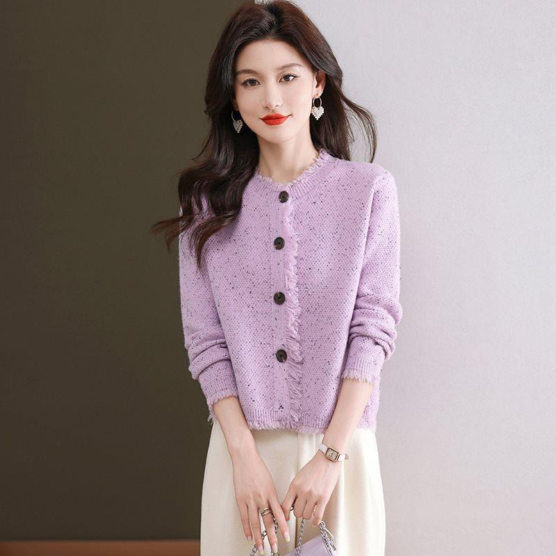 Long-Sleeved Knit - ニット カーディガン レディース ラウンドネック ゆったり 羽織り アウター トップス 配色 切り替え ショート丈 流れるフリンジ 羊毛 厚手 暖かい 9号 11号 13号 15号