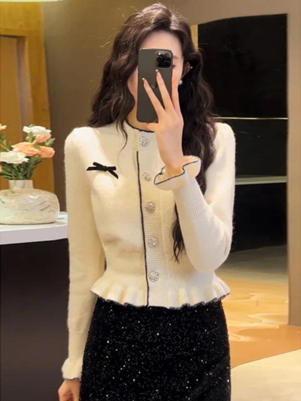 ニット カーディガン レディース クリスマスカラー 赤色 ショート丈 蝶結び 長袖 トップス ポリエステ..