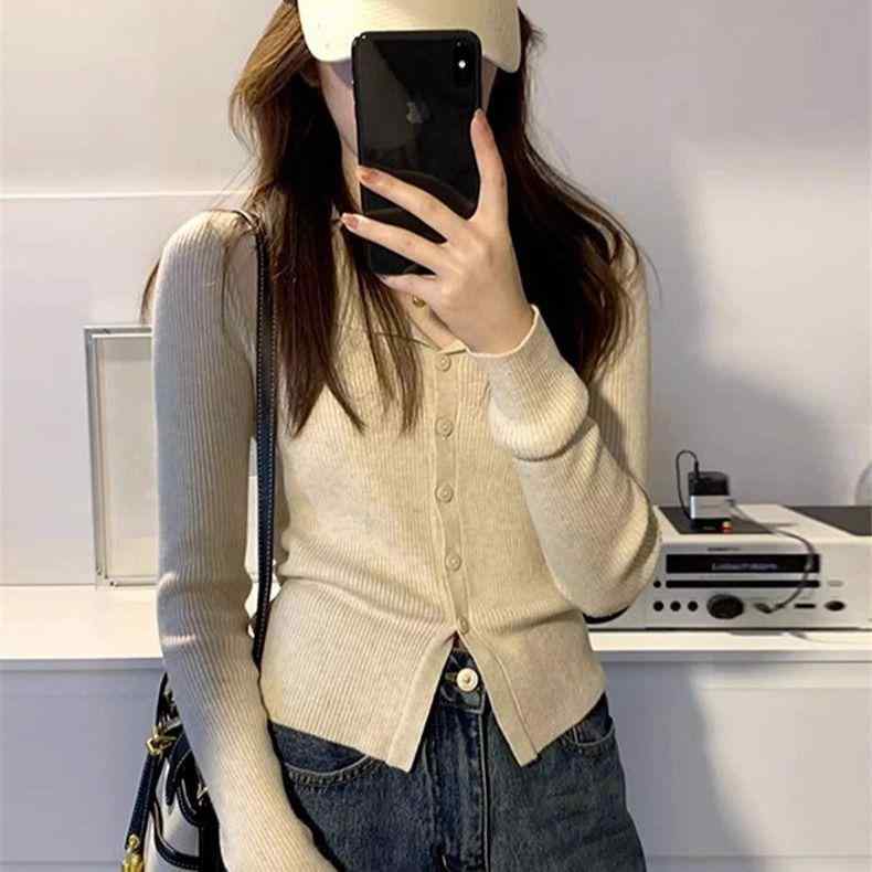 カーディガン レディース 長袖 秋 ニット 襟付き ショート丈 トップス 無地 羽織り 伸縮性 韓国風 オフィスカジュアル 普段使い 深灰色 杏色