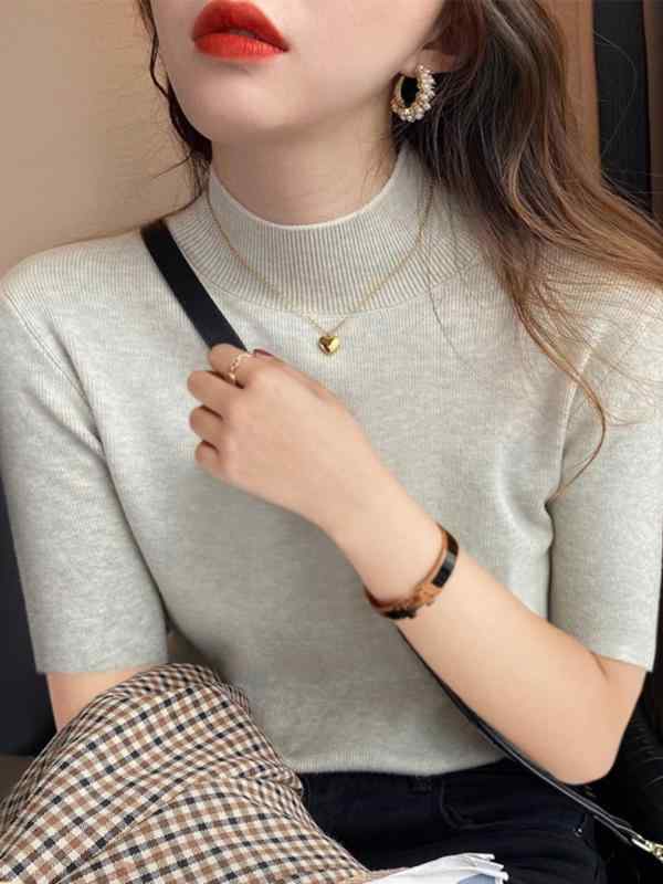 ニット 半袖 レディース トップス Tシャツ ハイネック 黒 無地 包芯糸 ストレッチ タイト フィット インナー 重ね着 オールシーズン