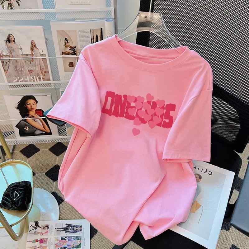 Rakuten - Tシャツ レディース 半袖 コットン ピンク系 ゆったり オーバーサイズ ロゴプリント クルーネック カットソー トップス 春夏