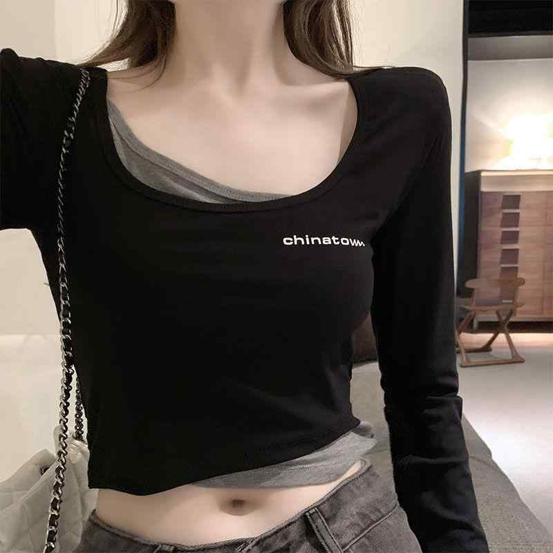 Rakuten - Tシャツ レディース 長袖 ショート丈 へそ出し タイト スリムフィット ポリエステル カジュアル スポーティー ストリート ダンス ヨガ 黒 ブラック グレー