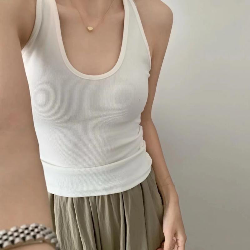 Camisoles - タンクトップ レディース Uネック ノースリーブ カットソー インナー 綿混紡 パッド付き 無地 薄手 ストレッチ 伸縮性 通気性 普段使い 通勤 シンプル ベーシック 春夏秋冬 オールシーズン 白 黒 ベージュ