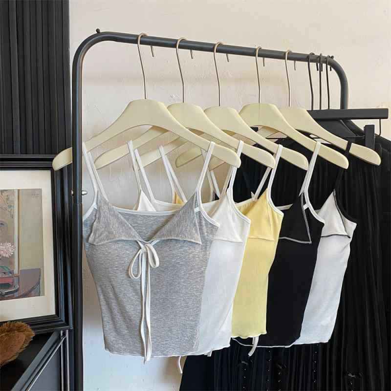 キャミソール レディース ノースリーブ カットソー トップス コットン 接触冷感 無地 Vネック 白 黒 灰色 黄色 水色 ピンク 赤 蝶結び セクシー フェミニン インナー スリム