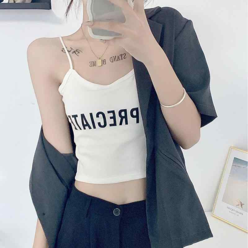 タンクトップ レディース キャミソール コットン インナー ショート丈 トップス スポーツ 白 黒 灰色 プリント 春夏 秋冬