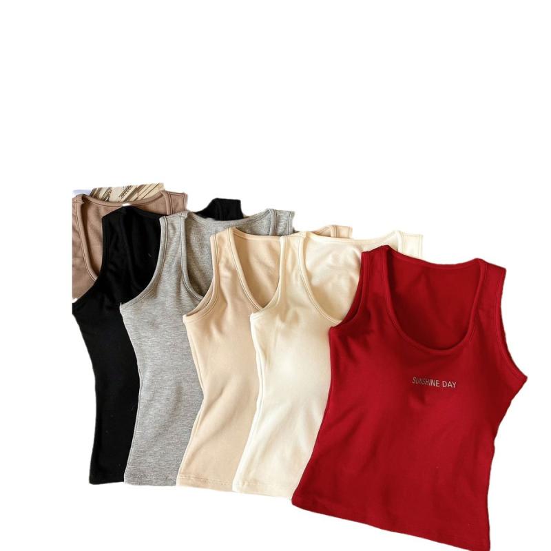 タンクトップ レディース 早秋 秋 背心式 インナー スリムフィット ショート丈 無地 ラウンドネック 白 灰色 黒 赤 杏色