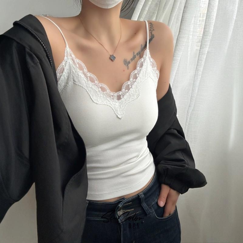 タンクトップ レディース レース Vネック 再生繊維 カップ付き インナー トップス 接触冷感 吸湿速乾 麻 リネン 春夏