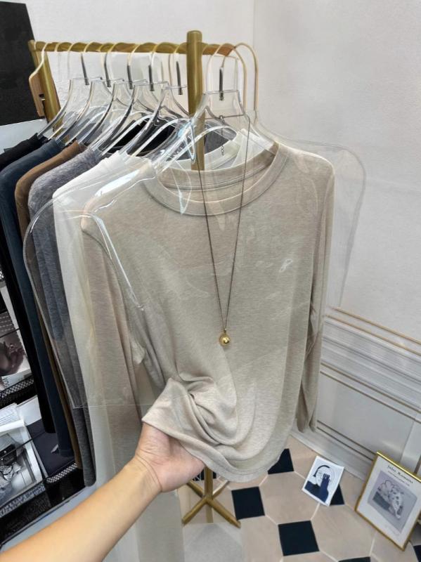 乐天商城 - Tシャツ レディース 春秋 長袖 ラウンドネック カットソー スリムフィット コットン ポリエステル 無地 ブラック ホワイト ブラウン グレー ベージュ