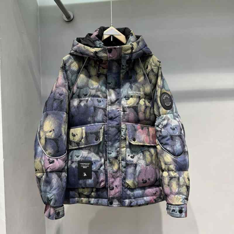 ダウンジャケット 男性用 反射ストライプ パンダ プリント フード付き 保温性 ホワイトダックダウン ア..