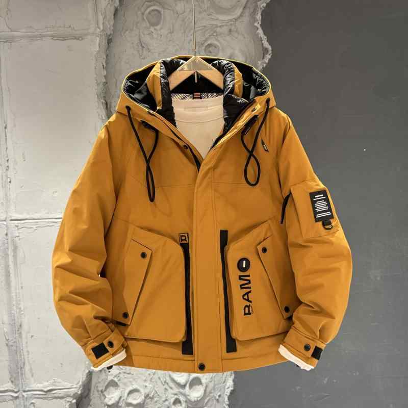 羽绒服 男性用 フード付き 防風 撥水 防寒 白ダックダウン 切り替え 厚手 保温 アウター 秋冬 ブラック イエロー系 アイボリー