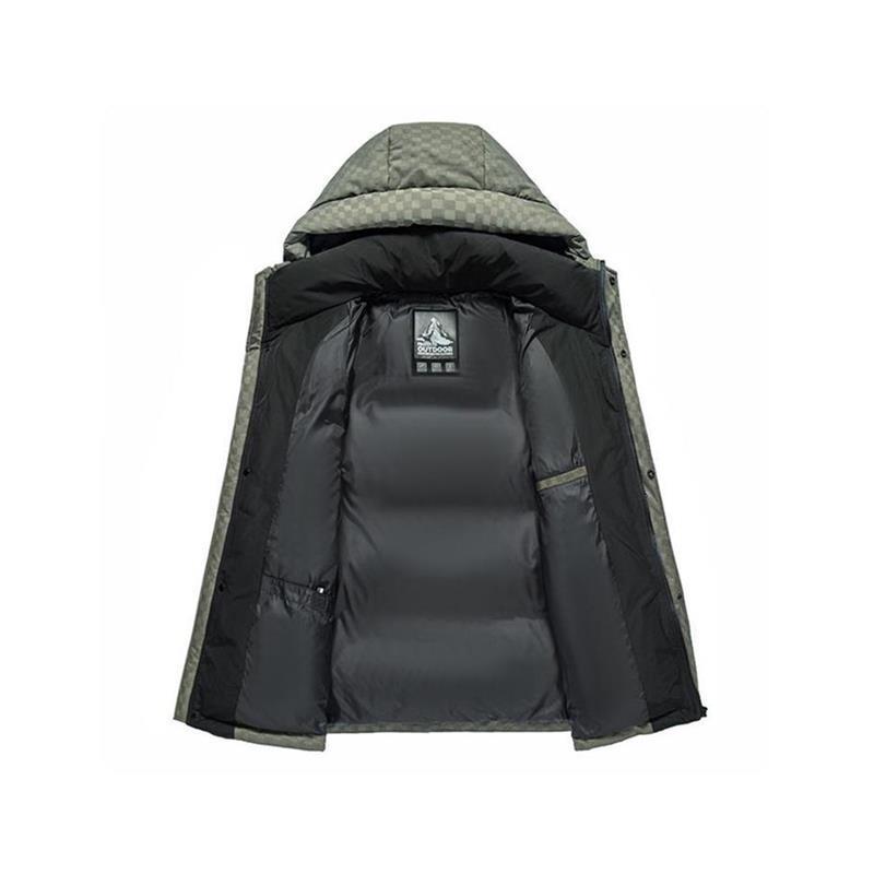 羽绒服 男性用 连帽 アウター 白鸭绒 暖かい チェック柄 ミリタリーグリーン カーキ ブラック 冬 秋冬 防寒