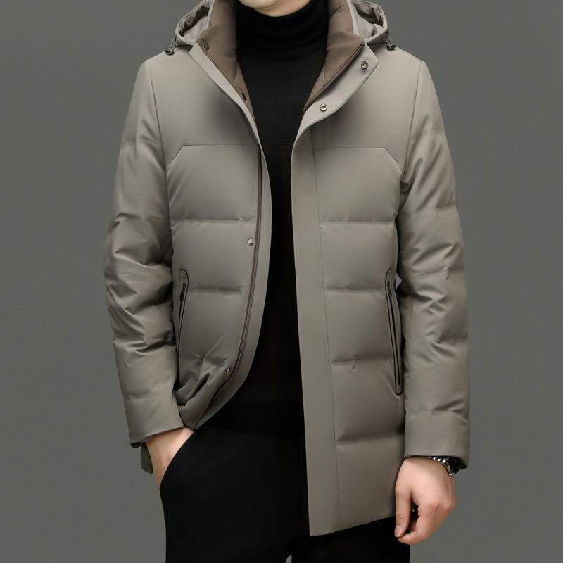 ダウンジャケット 男性用 中高年 加厚 暖かい フード付き アウター 中長丈 80%以上ホワイトダックダウン 格子柄 ポリエステル繊維 秋冬 カーキ色 紺色