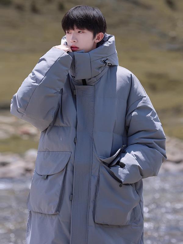 羽绒服 男性用 フード付き ロング丈 撥水 防寒 アウター 白ダックダウン ゆったり 灰色 黒色 赤色 冬