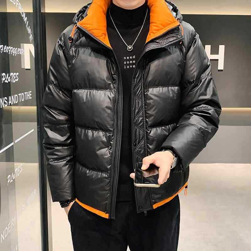 羽絨服 男性用 薄手 フード付き 大きいサイズ 防寒 アウター ウェア カジュアル 無地 オレンジ色 カーキ色 黒灰色 綿
