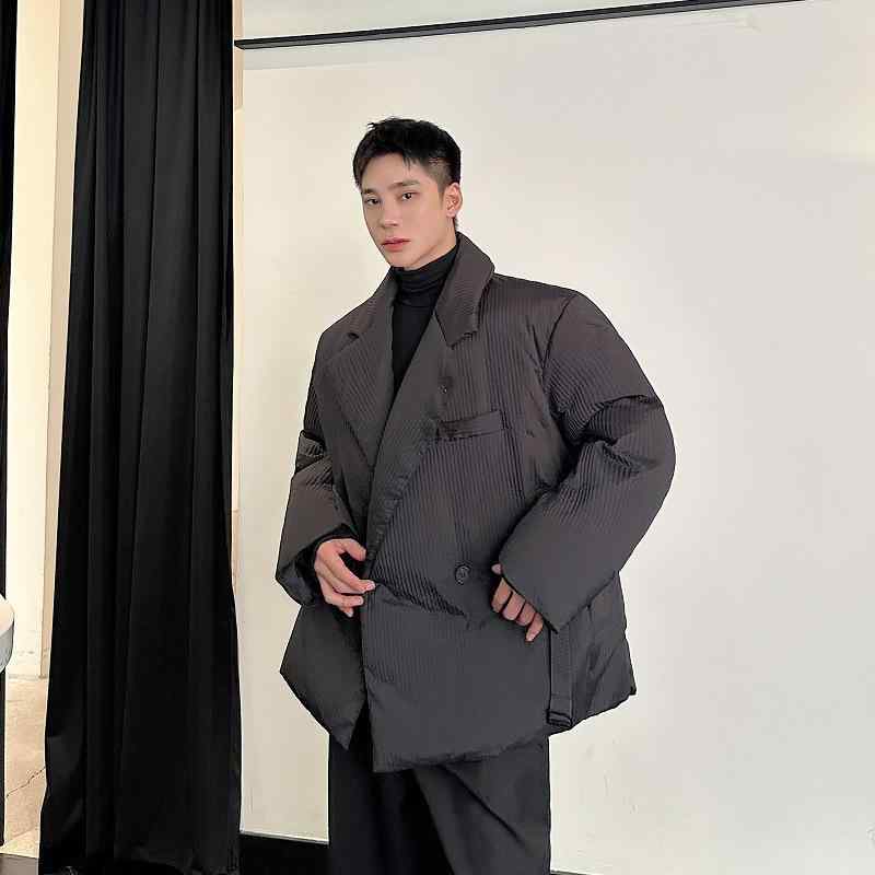 羽绒服 男性用 冬物 ストライプ柄 ウエストベルト 暖かい 中綿 ポリエステル ブラック