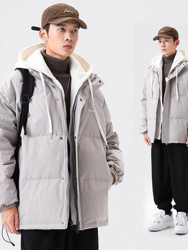 羽绒服 メンズ 青少年 フェイクレイヤード フード付き ホワイトダックダウン 無地 アウター 合体型 ポリエステル 防寒 透湿 吸湿速乾 防撕裂 ブラック ブルー アイボリー 冬