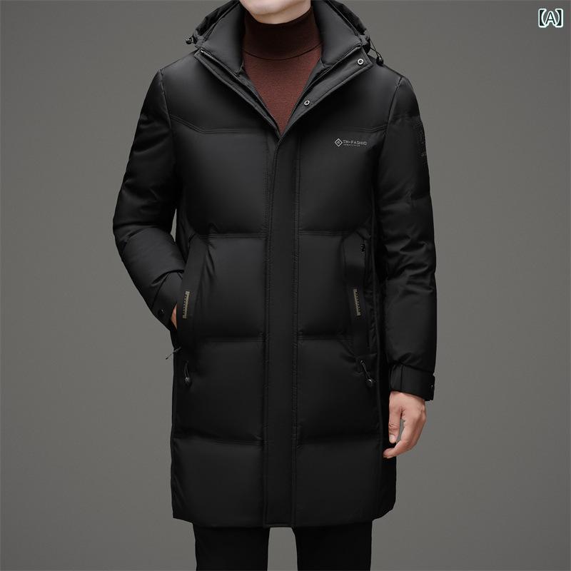 羽绒服 男性用 长款 连帽 ファッション カジュアル アウター 白鸭绒 宽松 厚手 防寒 ブラック/グリーン系