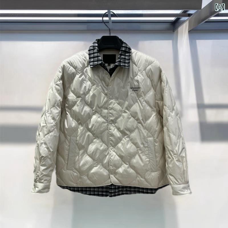 ダウンジャケット 男性用 秋冬 軽い 暖かい 格子柄 切り替え 防水 防風 ホワイト ブラック