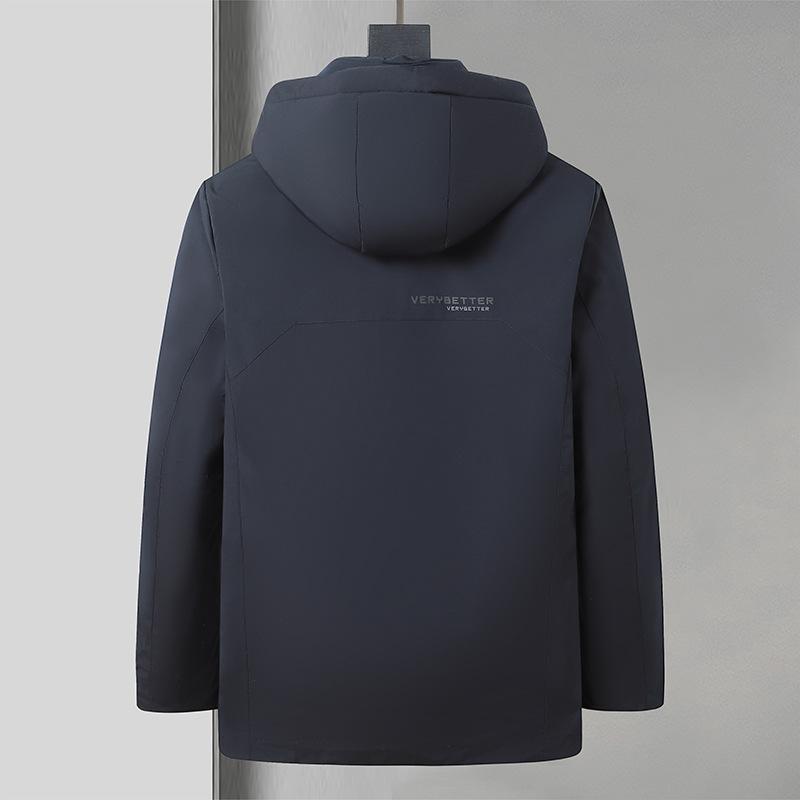 ダウンジャケット メンズ 男性用 フード付き ミドル丈 ルーズフィット 90% ダウン ポリエステル 防寒着 アウター 秋冬 ブラック 紺色