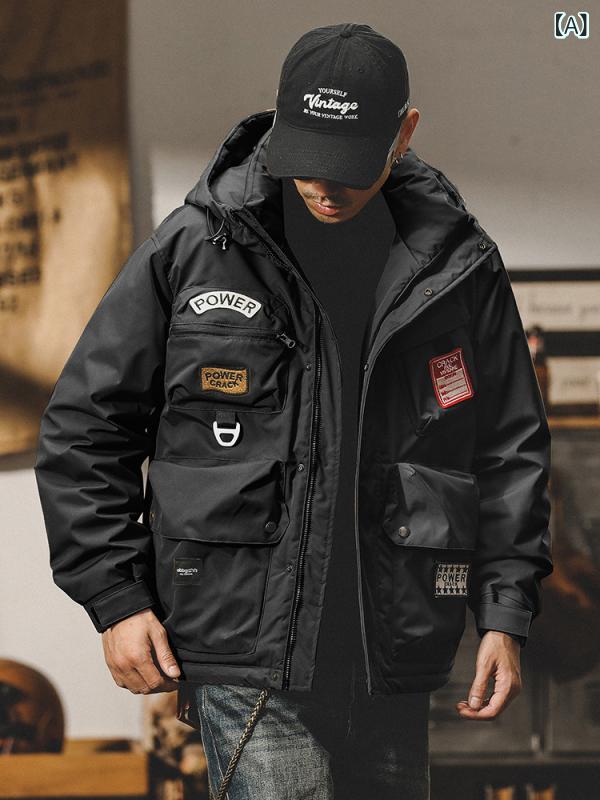 羽绒服 男性用 フード付き アウトドア ミリタリー 加厚 多ポケット 防寒 アウター ジャンパー ブルゾン カーキ ブラック 蛍光グリーン