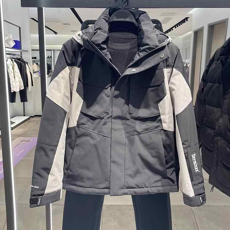 ダウンジャケット 男性用 ショート丈 フード付き 切り替え 防水 防寒 撥水性 ホワイトダックダウン ポリエステル 冬 アウトドア スポーツ 普段使い