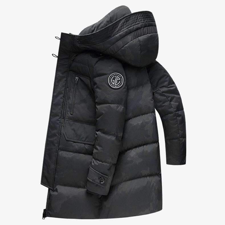 ダウンジャケット メンズ 男性用 冬季 撥水 防寒 フード付き ロング 厚手 白鹅绒 86% 90% ポリエステル 繊維 通勤 深迷彩 浅迷彩 赤色 青色 紺色 黒色