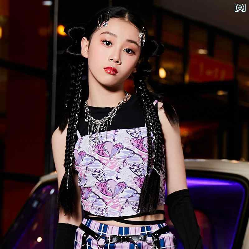 ダンス衣装 キッズ ガールズ ジャズダンス 衣装 セットアップ 紫色 トップス スカート 袖カバー レッグ..